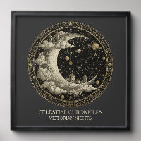 Vintage Crescent Moon with Clouds, Retro Victorian