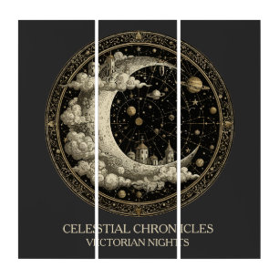 Vintage Crescent Moon with Clouds, Retro Victorian Triptych