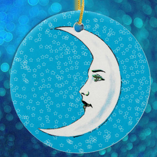 Vintage Crescent White Moon Face White Stars Ceramic Ornament