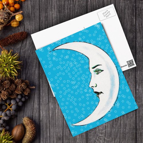 Vintage Crescent White Moon Face White Stars Postcard
