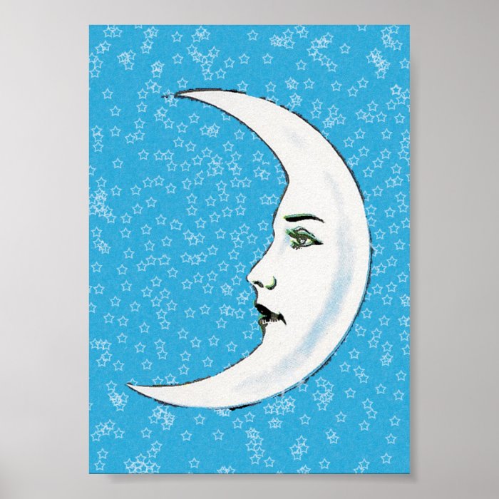 Vintage Crescent White Moon Face White Stars Poster