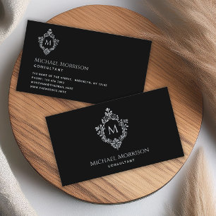 Vintage Crest Black Elegant Initial Monogram Business Card