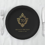 Vintage Crest Black Gold Elegant Man 70th Birthday Paper Plates<br><div class="desc">An elegant black and gold design with the age in a vintage crest, appropriate for a man's birthday. The crest is faux gold foil, the background is black. Under the crest, in small caps, there are the name and occasion in golden letters and the date. The vintage floral crest from...</div>