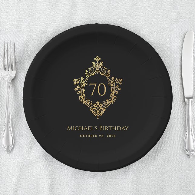 Vintage Crest Black Gold Elegant Man 70th Birthday Paper Plates (Creator Uploaded)