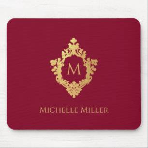 Vintage Crest Burgundy Faux Gold Elegant Monogram  Mouse Pad
