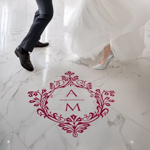 Vintage Crest Burgundy Wedding Monogram 2 Initials Floor Decals