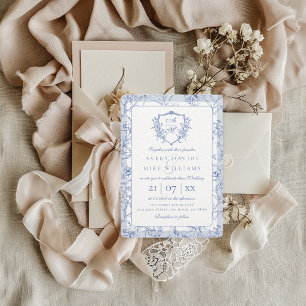Vintage Crest Dusty Blue Roses Wedding Invitation