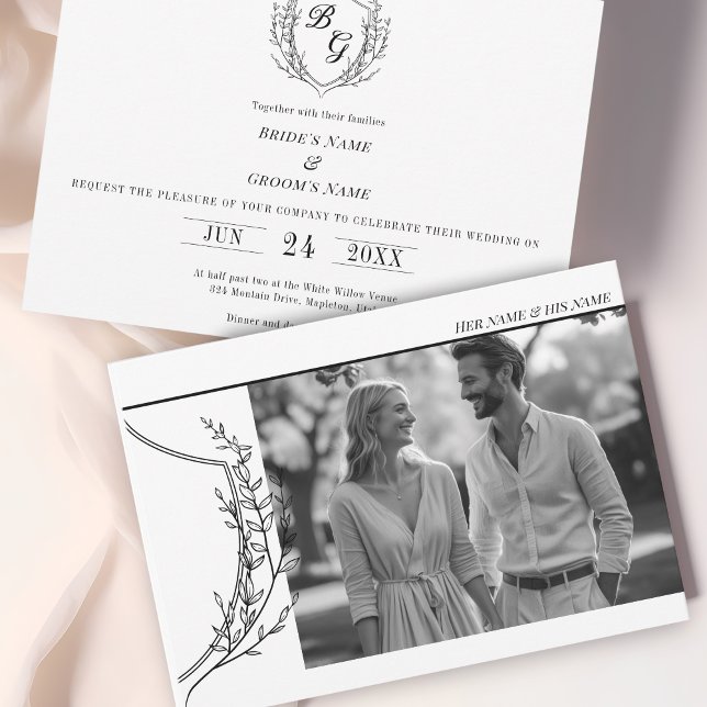 Vintage Crest elegant black & white photo wedding Invitation (Creator Uploaded)