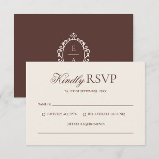 Vintage Crest Espresso Brown Old Money Wedding RSVP Card