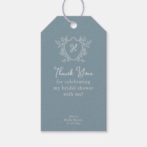 Vintage Crest Floral Dusty Blue Bridal Shower Gift Tags