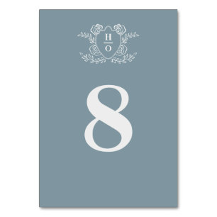 Vintage Crest Floral Monogram Blue Wedding Table Number