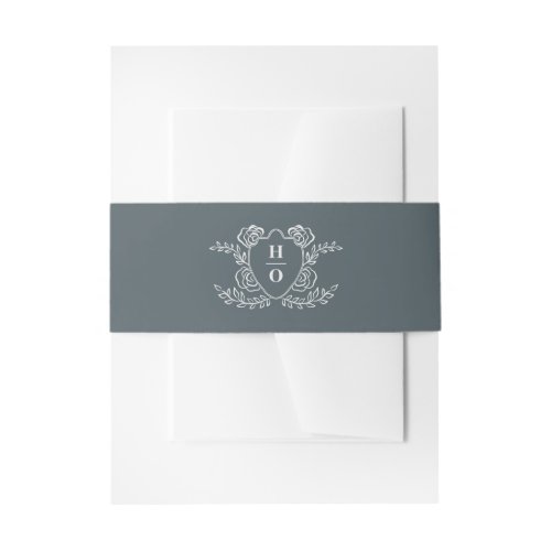 Vintage Crest Floral Monogram Dusty Blue Wedding Invitation Belly Band