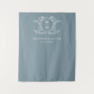 Vintage Crest Floral Monogram Dusty Blue Wedding Tapestry