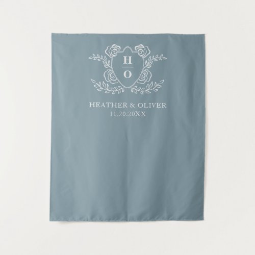 Vintage Crest Floral Monogram Dusty Blue Wedding Tapestry