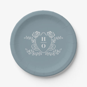 Vintage Crest Floral Monogram Wedding Paper Plates