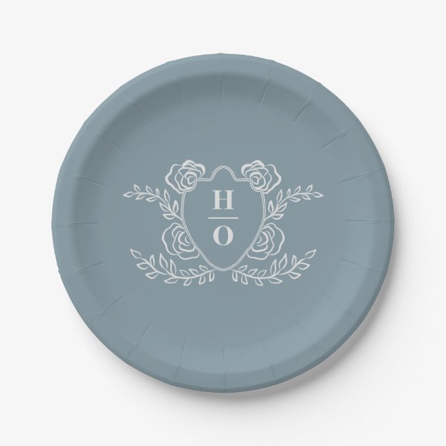 Vintage Crest Floral Monogram Wedding Paper Plates (Front)
