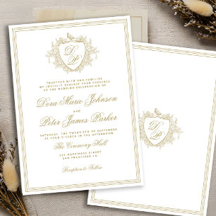 Vintage crest gold monogram wedding invitation