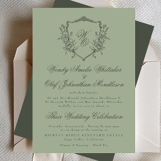 Vintage Crest Green Olive on Sage Monogram Wedding Invitation