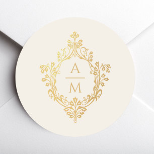 Vintage Crest Ivory Gold Monogram Elegant Wedding Classic Round Sticker
