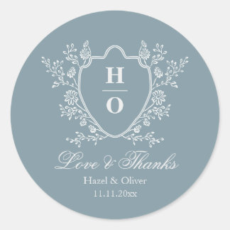 Vintage Crest Love and Thanks Blue Wedding Classic Round Sticker