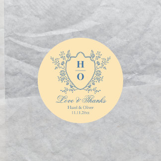 Vintage Crest Love and Thanks Yellow Wedding Classic Round Sticker