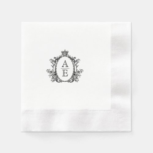 Vintage Crest Monogram Black and White Wedding Napkins