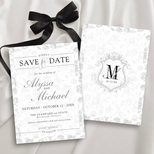 Vintage Crest Monogram Black White Floral Wedding Save The Date