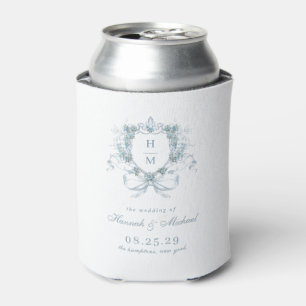 Vintage Crest Monogram Blue Bow Wedding Favor Can Cooler