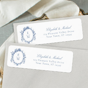 Vintage Crest Monogram Blue Wedding Return Address Label