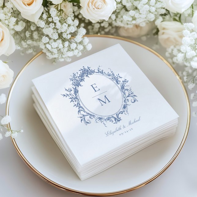 Vintage Crest Monogram Botanical Blue Wedding  Napkins (Creator Uploaded)