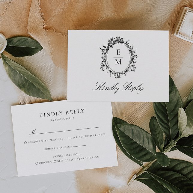 Vintage Crest Monogram Botanical Formal Wedding RSVP Card (Creator Uploaded)