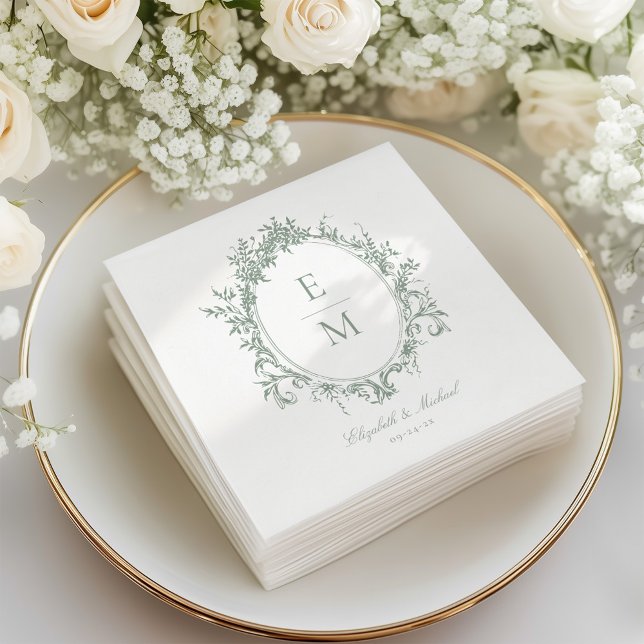 Vintage Crest Monogram Botanical Green Wedding  Napkins (Creator Uploaded)