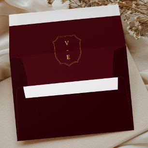 Vintage Crest Monogram Burgundy & Gold Wedding Envelope