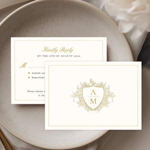 Vintage crest monogram ivory gold wedding RSVP card