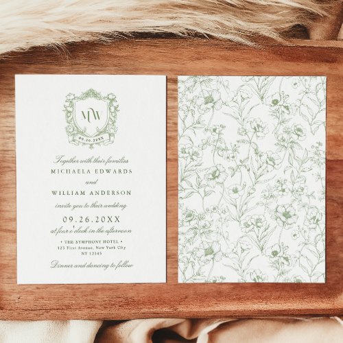 Vintage Crest Monogram QR Code Botanical Wedding Invitation