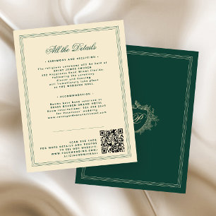 Vintage crest monogram QR emerald green wedding Enclosure Card