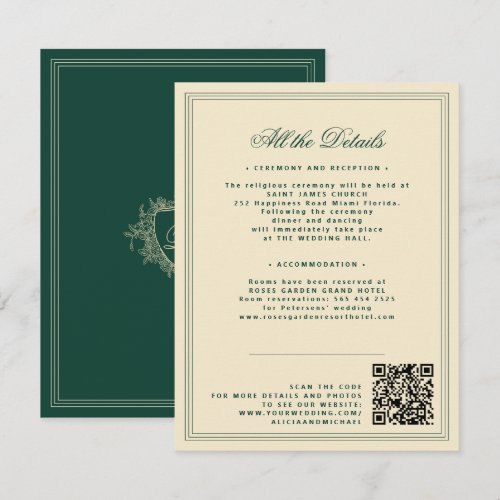 Vintage crest monogram QR emerald green wedding Enclosure Card