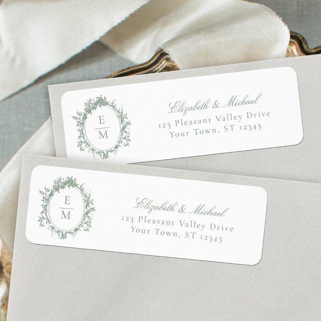 Vintage Crest Monogram Sage Green Wedding Address Label (Creator Uploaded)
