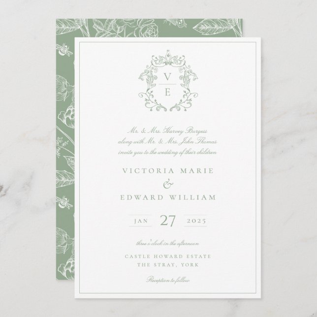 Vintage Crest Monogram Wedding Sage  Invitation (Front/Back)