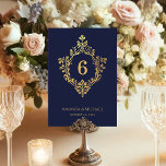 Vintage Crest Navy Blue Faux Gold Elegant Wedding Table Number<br><div class="desc">An elegant wedding table number with a vintage air and navy and gold wedding colors. The number is in an antique ornate crest from faux gold foil, on navy blue background. Under the crest, the names of the bride and groom and the wedding date are written in caps. All text...</div>