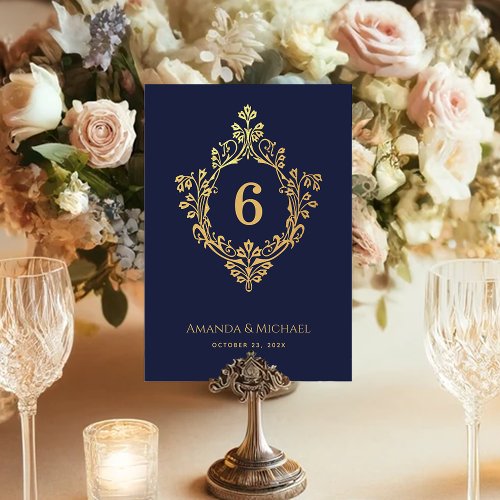 Vintage Crest Navy Blue Faux Gold Elegant Wedding Table Number