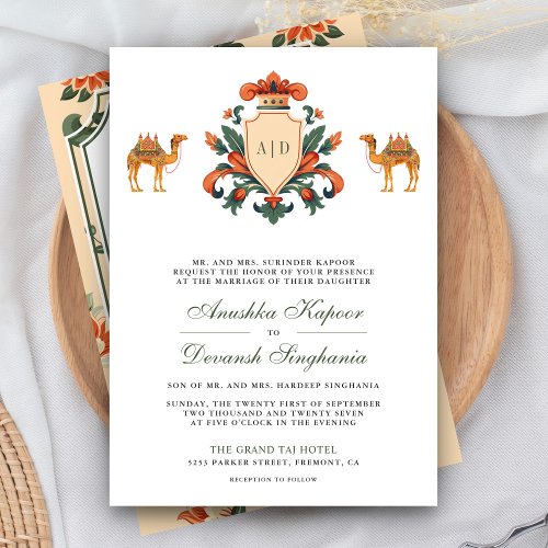 Vintage Crest Royal Camel Indian Hindu Wedding Invitation