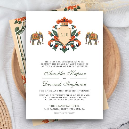 Vintage Crest Royal Elephant Indian Hindu Wedding Invitation