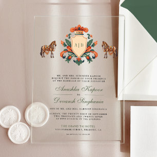 Vintage Crest Royal Horse Indian Hindu Wedding Acrylic Invitations
