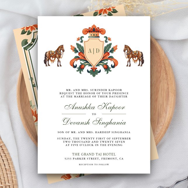 Vintage Crest Royal Horse Indian Hindu Wedding Invitation (Creator Uploaded)