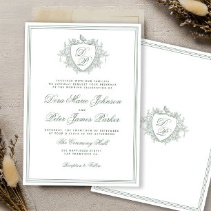 Vintage crest sage green monogram wedding invitation