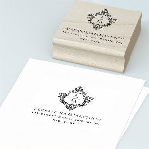 Vintage Crest Wedding Monogram Names Address Rubber Stamp