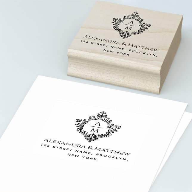Vintage Crest Wedding Monogram Names Address Rubber Stamp (Creator Uploaded)