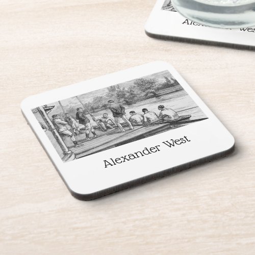 Vintage Crew Rowers in boat at the dock Beverage Coaster