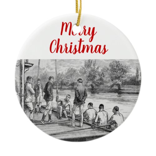 Vintage Crew Rowers in boat at the dock Ceramic Ornament